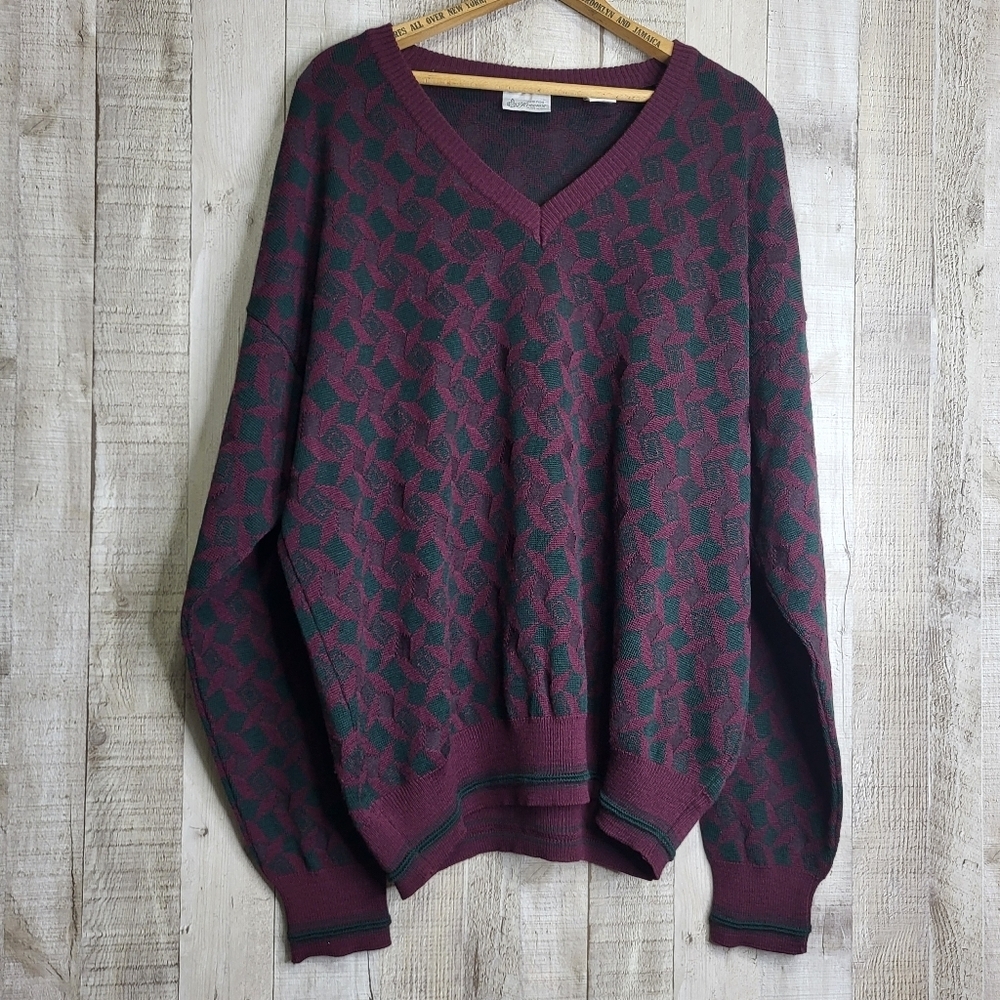 Maglifico Florance Men's Burgundy Patterned Sweater. Size XL Merino Wool Italy